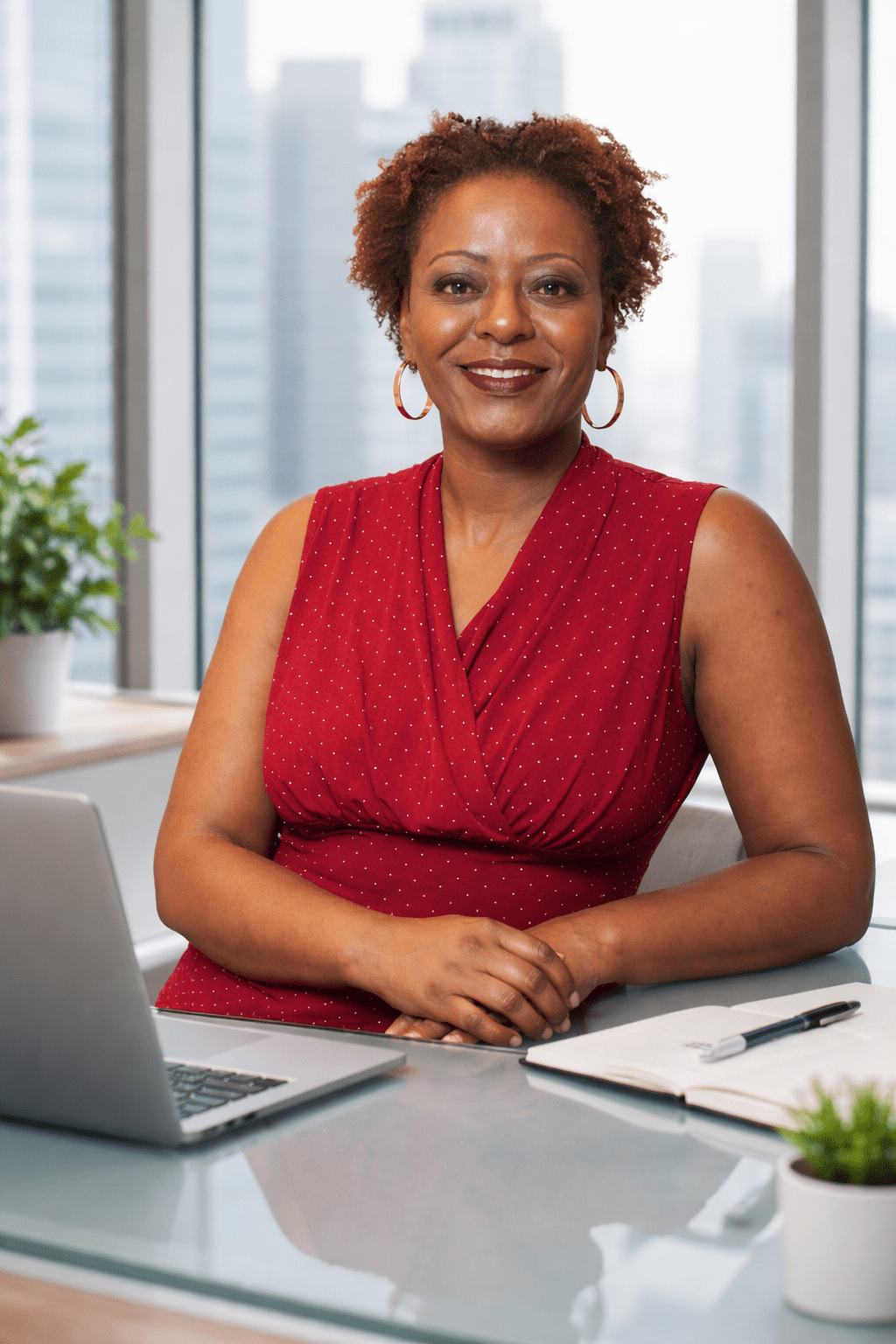 A person in a blue suit smiles outdoors with a desert landscape in the background.